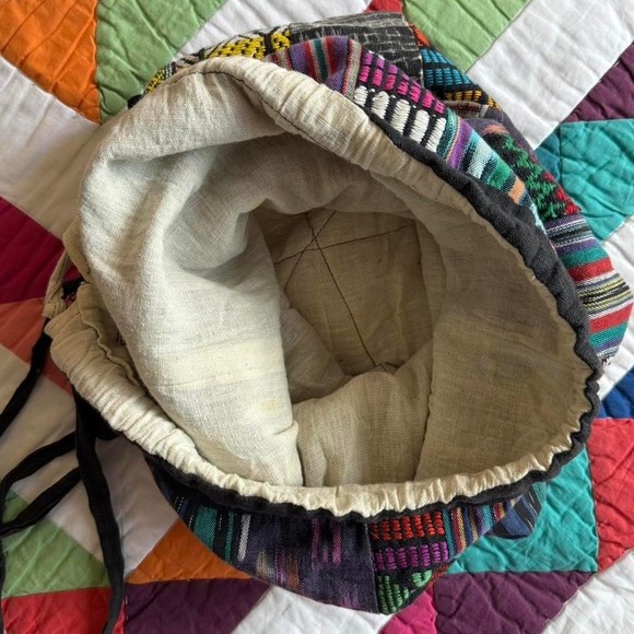 Multicolored Patchwork Drawstring Backpack Guatemalan Textile - Picture 5 of 8